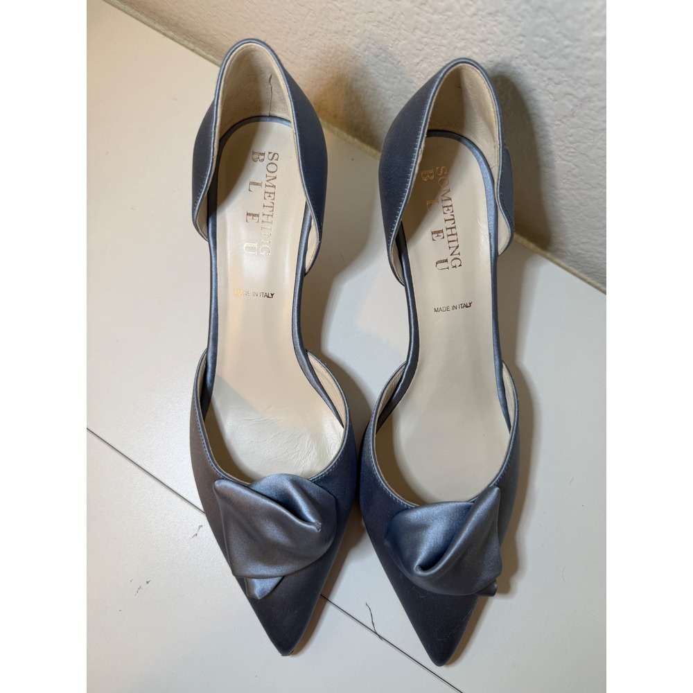 Something Bleu Cappy Satin D'Orsay Bow Pumps Blue Italian Leather Sole Size 10 B - Picture 4 of 8